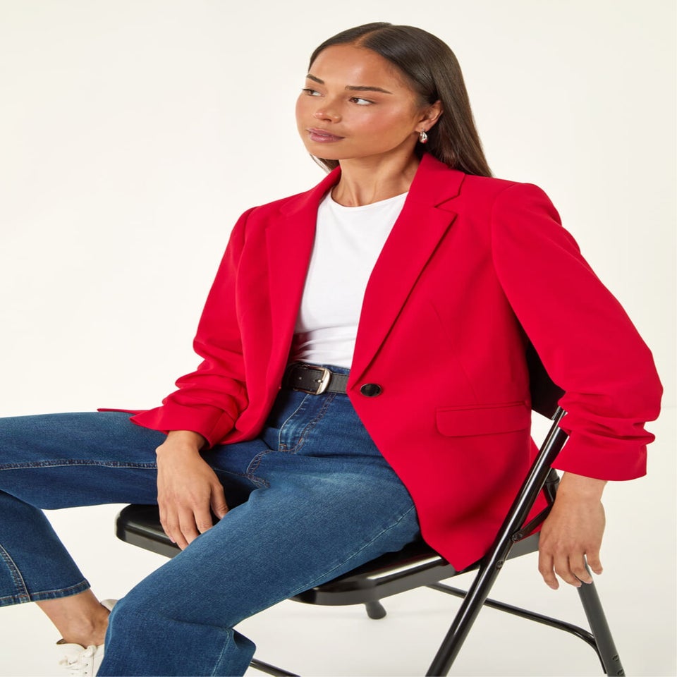 Roman Red Petite Ruched Buttoned Blazer