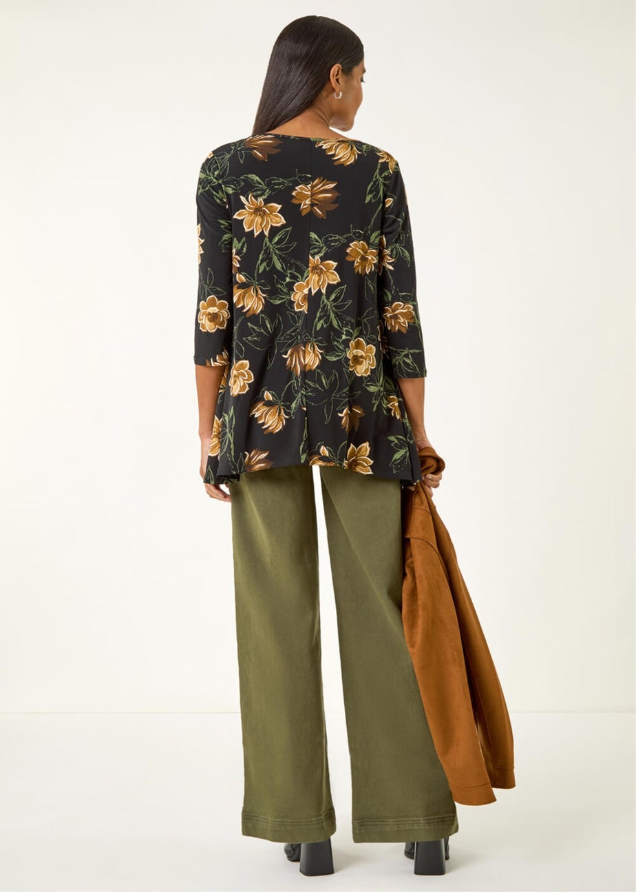 Roman Yellow Floral Print Stretch Tunic Top