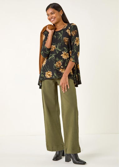 Roman Yellow Floral Print Stretch Tunic Top