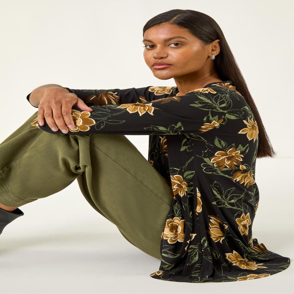 Roman Yellow Floral Print Stretch Tunic Top