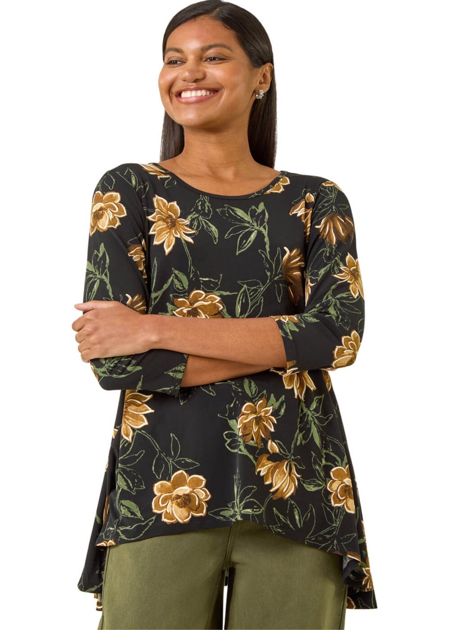 Roman Yellow Floral Print Stretch Tunic Top