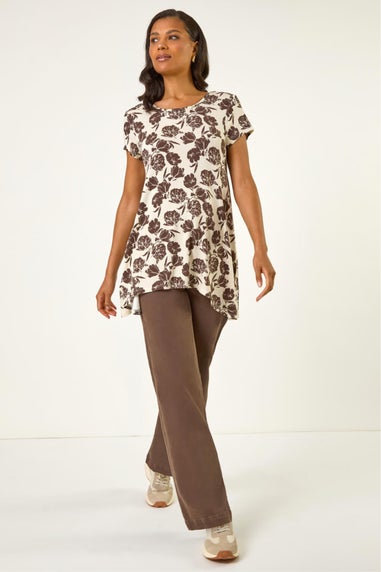 Roman Neutral Floral Print Hanky Hem Top