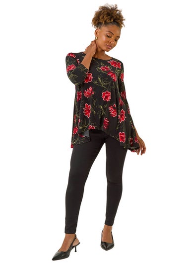 Roman Red Floral Puff Print Tunic Top