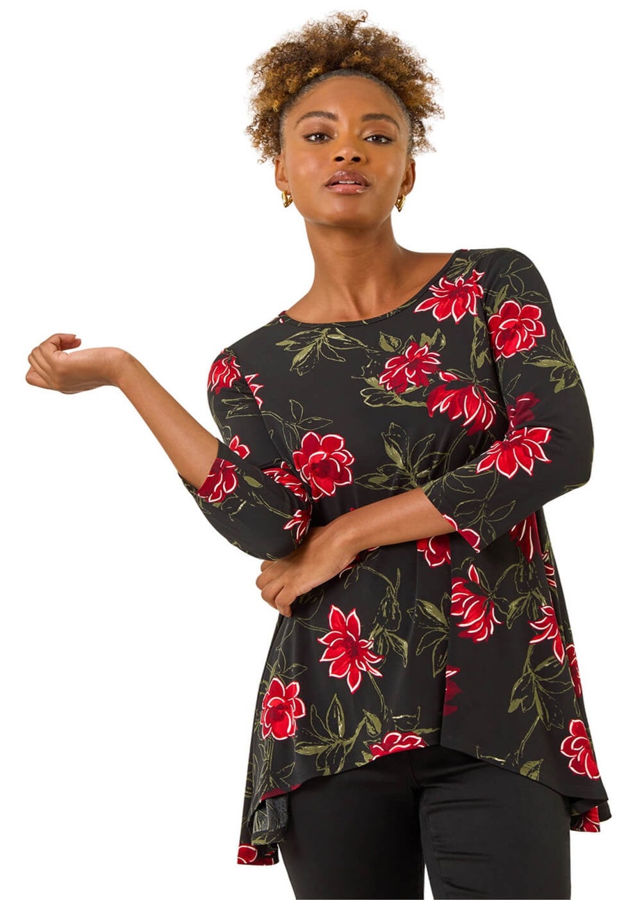 Roman Red Floral Puff Print Tunic Top