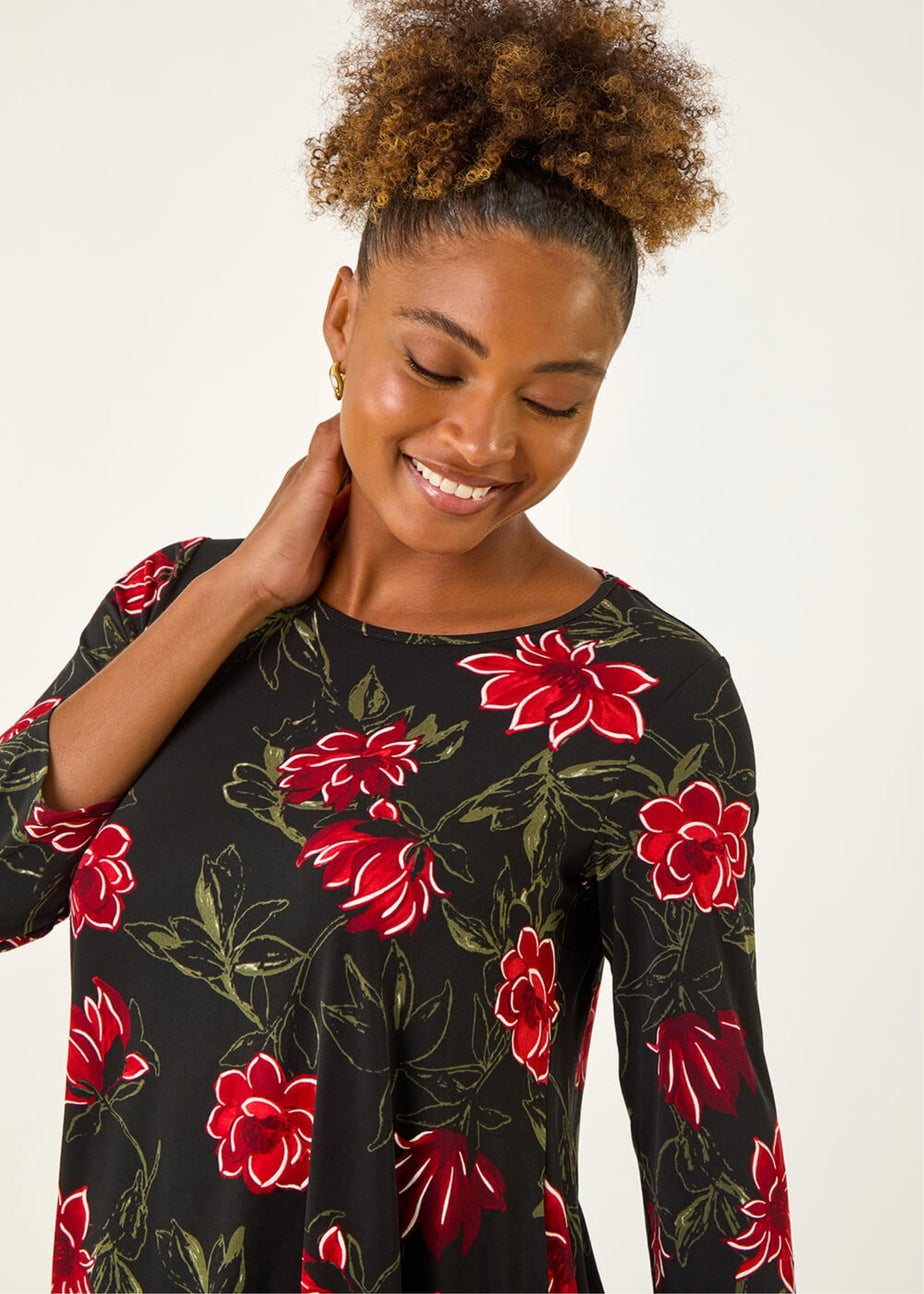 Roman Red Floral Puff Print Tunic Top