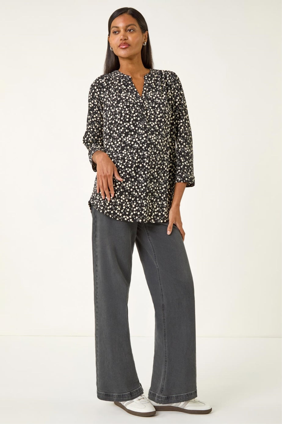 Roman Black Floral Puff Print Stretch Shirt