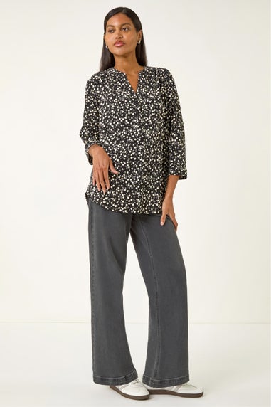 Roman Black Floral Puff Print Stretch Shirt