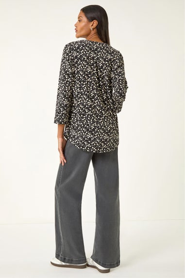 Roman Black Floral Puff Print Stretch Shirt