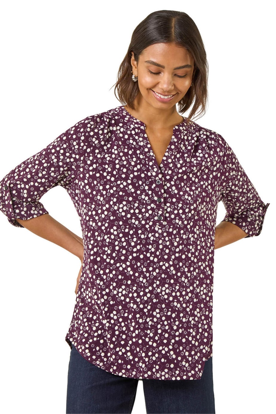 Roman Plum Floral Puff Print Stretch Shirt