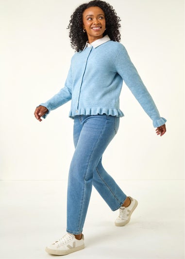 Roman Blue Petite Flute Hem Buttoned Cardigan