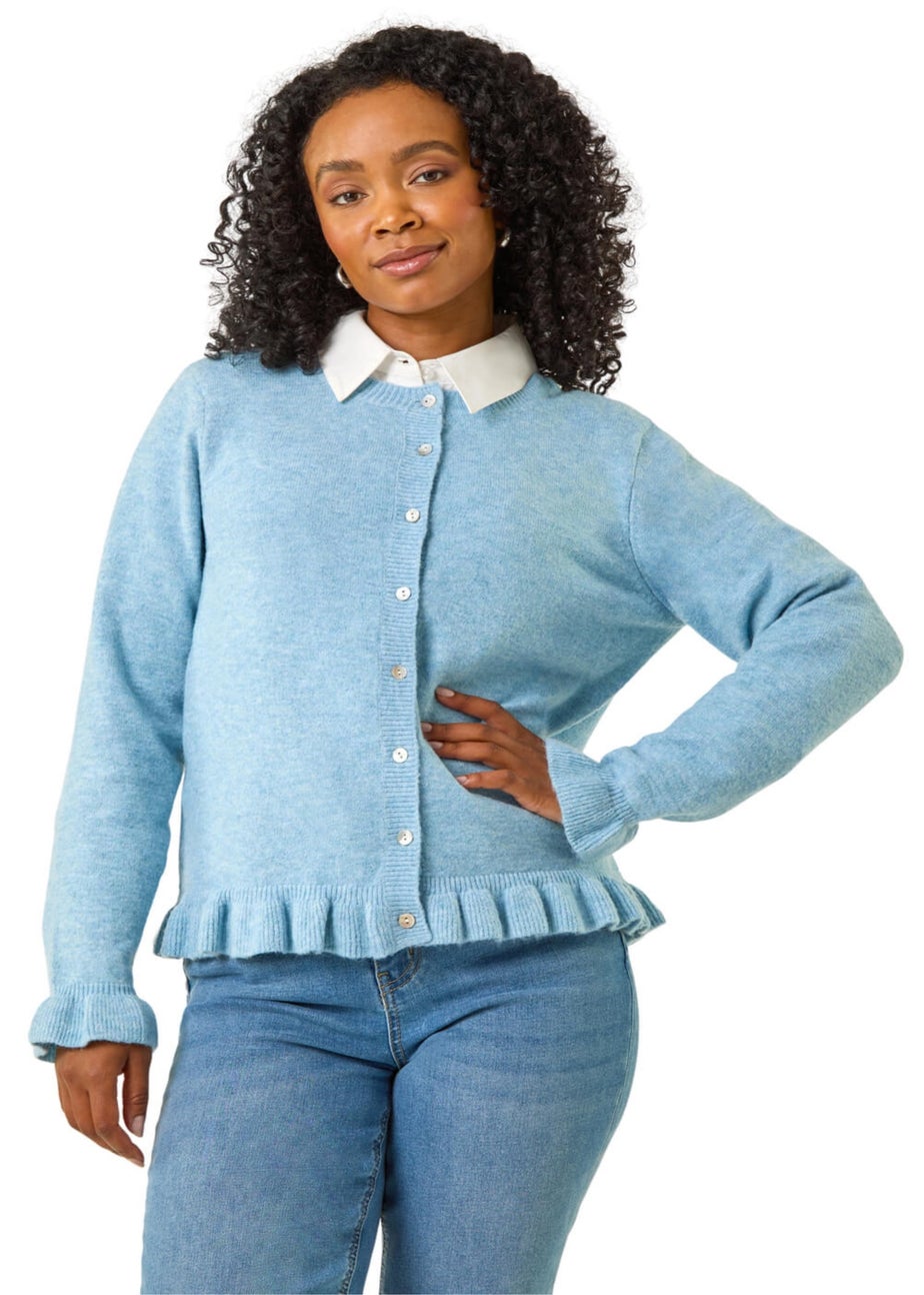 Roman Blue Petite Flute Hem Buttoned Cardigan