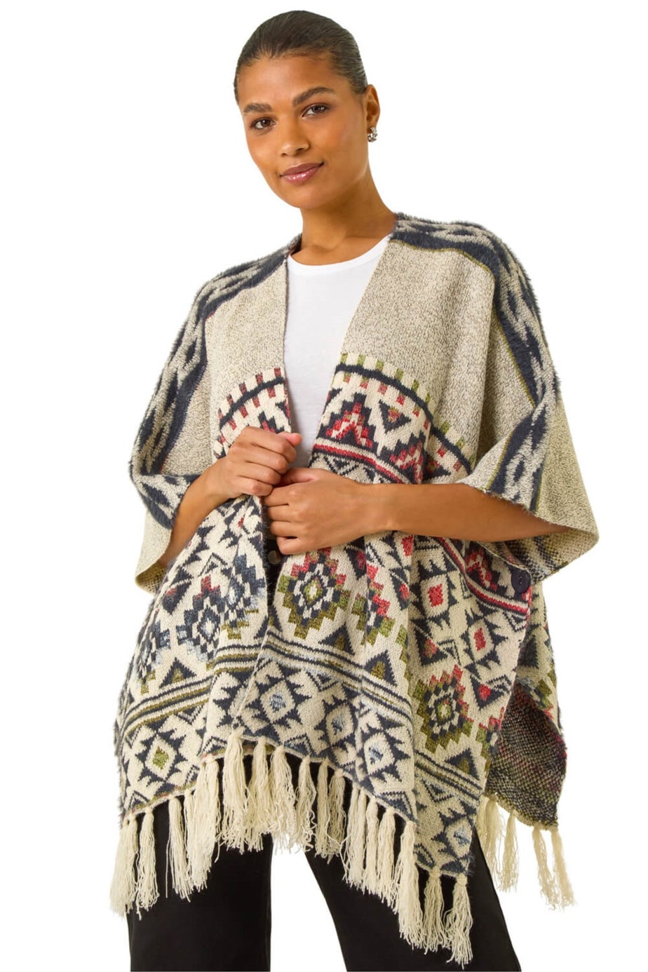 Roman Natural Jacquard Tassel Trim Poncho
