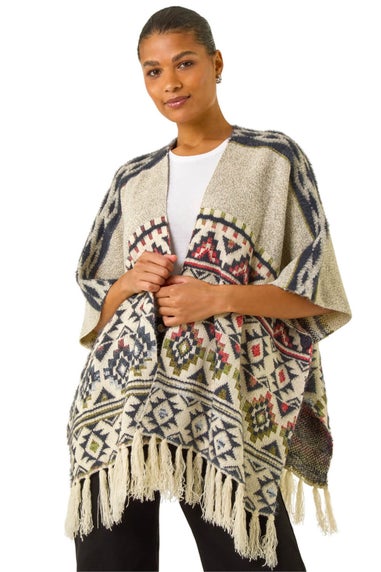 Roman Natural Jacquard Tassel Trim Poncho