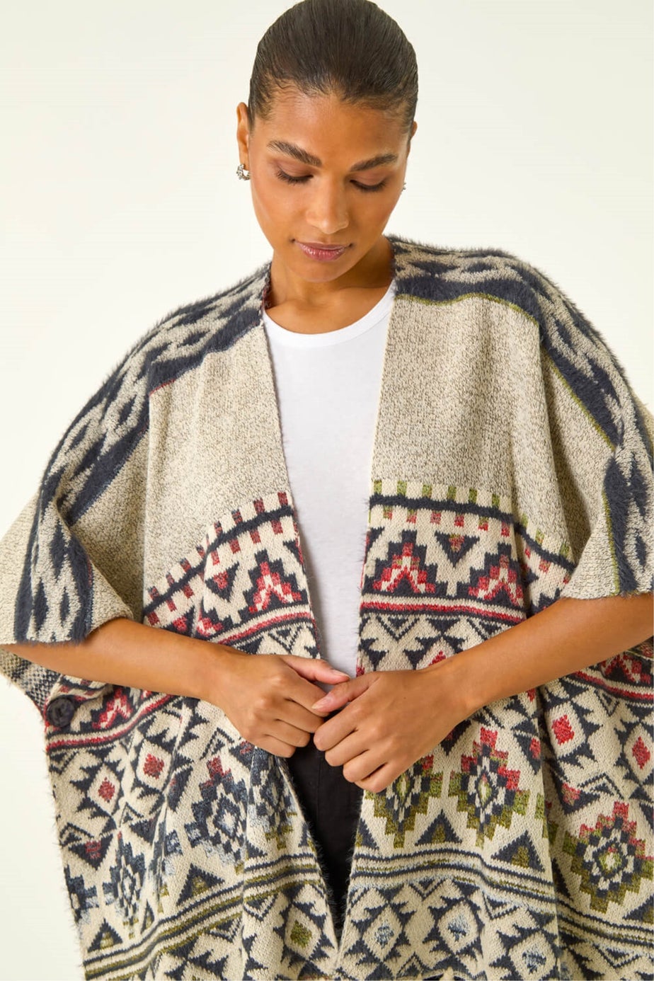 Roman Natural Jacquard Tassel Trim Poncho