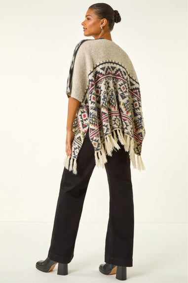 Roman Natural Jacquard Tassel Trim Poncho