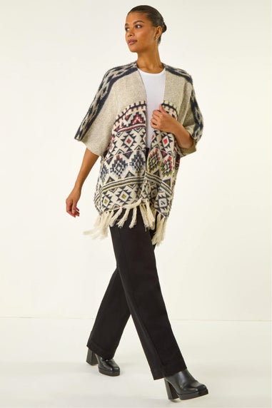 Roman Natural Jacquard Tassel Trim Poncho
