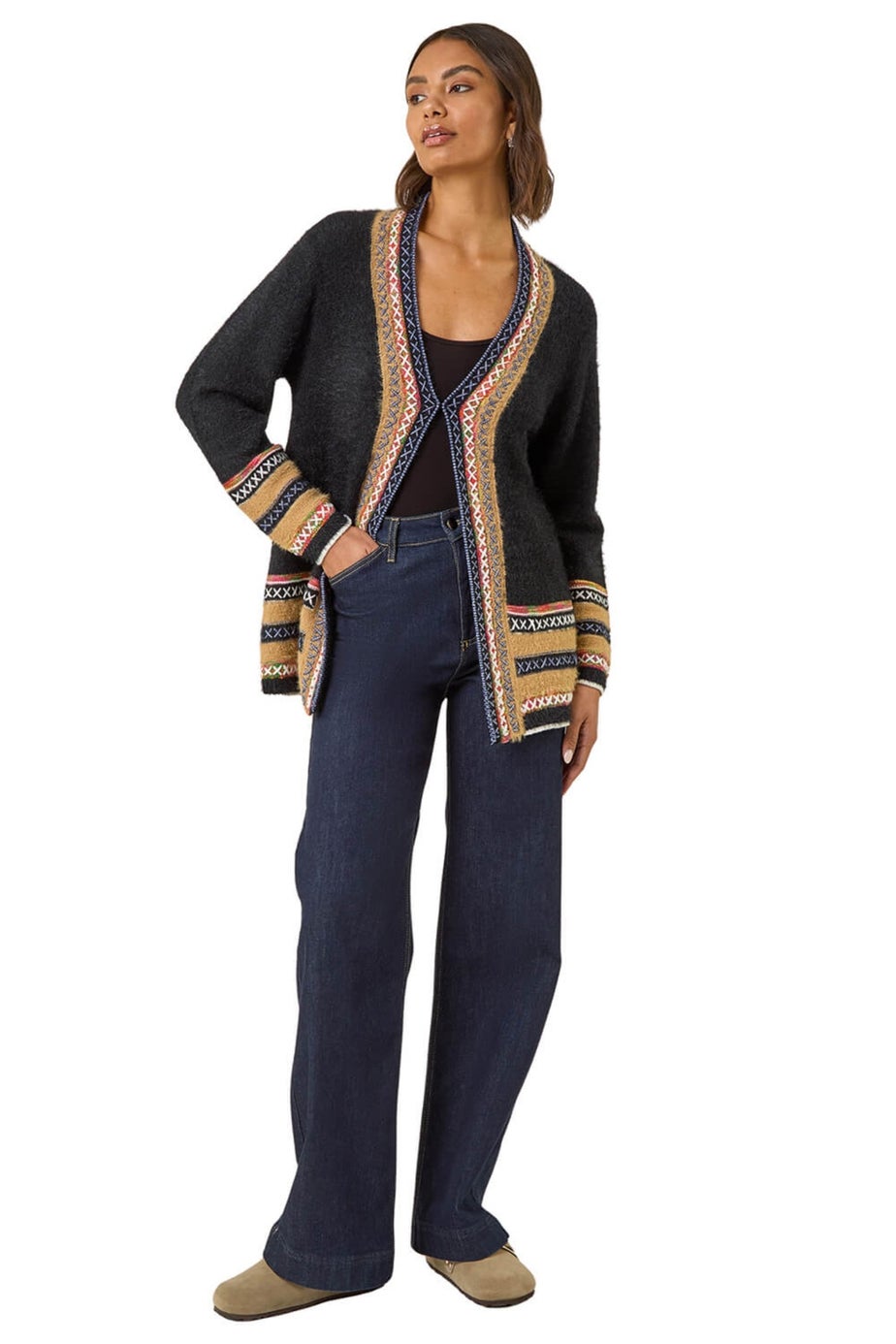 Roman Black Cross Stitch Detail Knit Cardigan