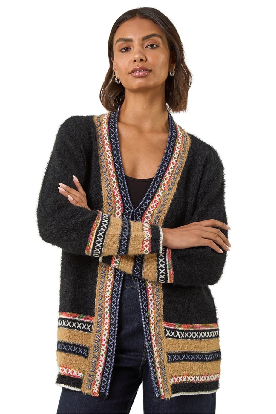 Roman Black Cross Stitch Detail Knit Cardigan