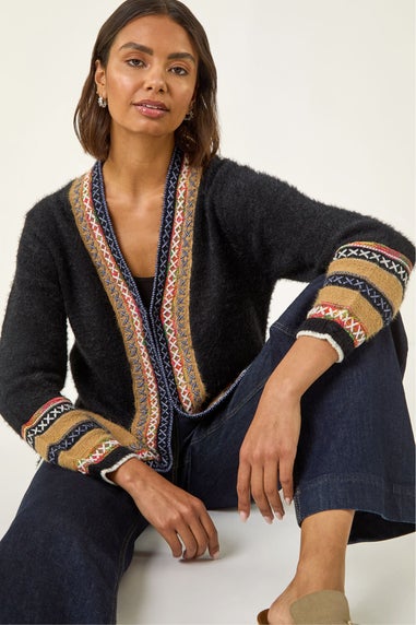 Roman Black Cross Stitch Detail Knit Cardigan