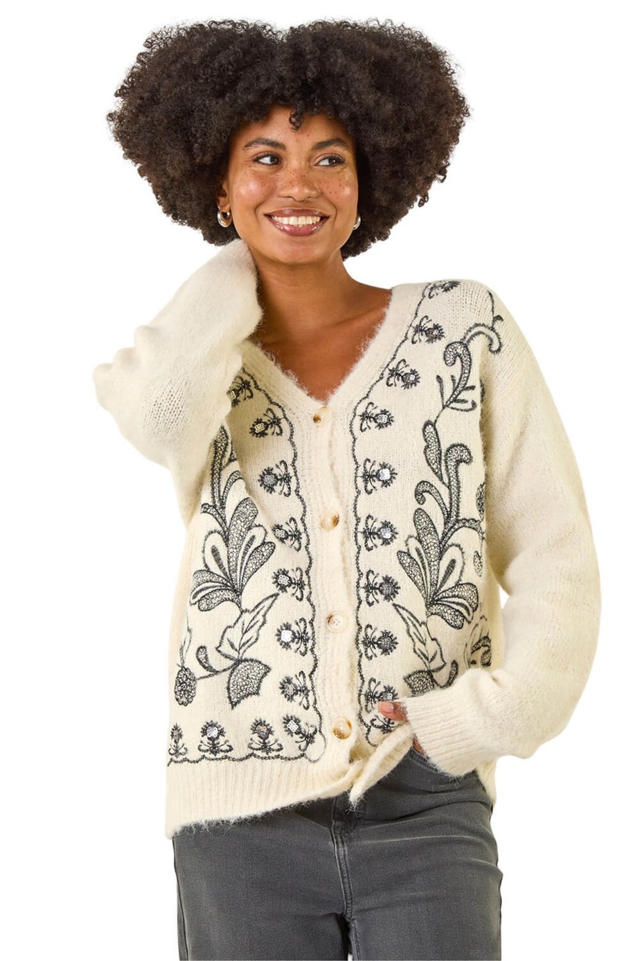 Roman Ivory Abstract Embroidered Cardigan