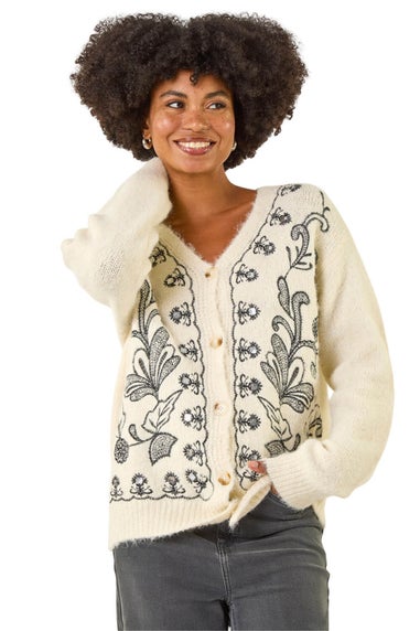 Roman Ivory Abstract Embroidered Cardigan