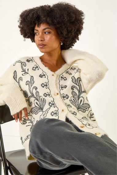 Roman Ivory Abstract Embroidered Cardigan