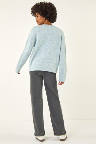 Roman Light Blue Floral Buttoned Knit Cardigan