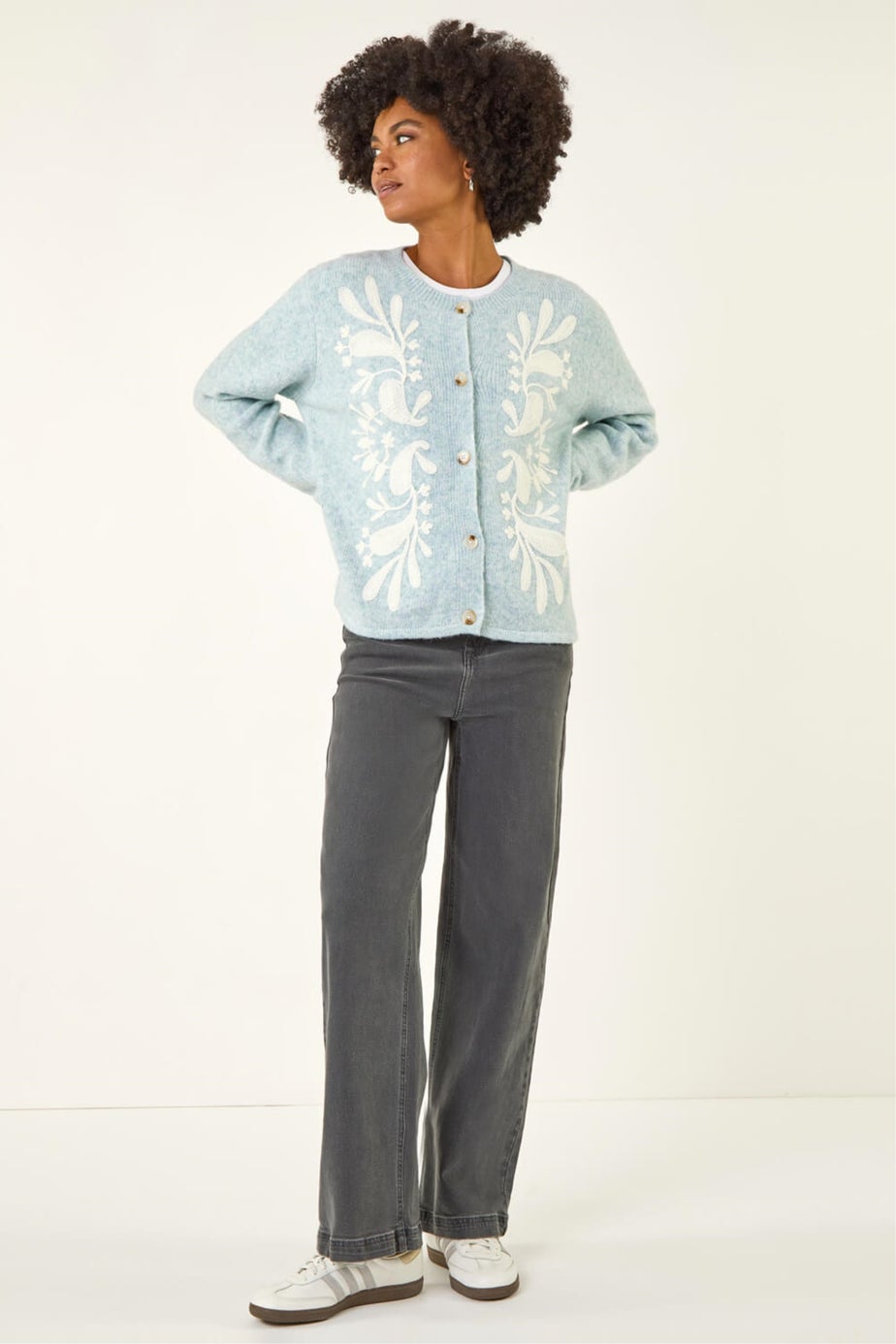 Roman Light Blue Floral Buttoned Knit Cardigan