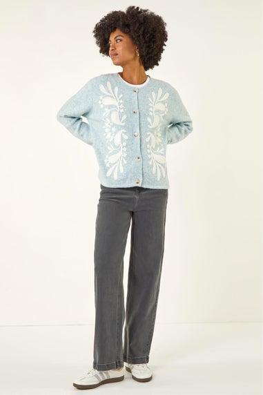 Roman Light Blue Floral Buttoned Knit Cardigan