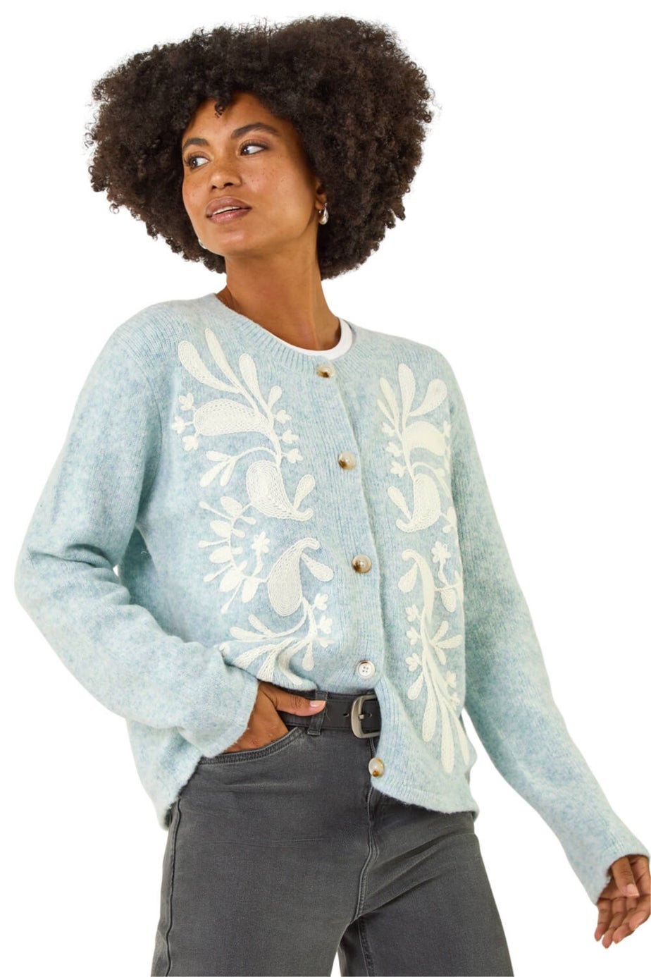 Roman Light Blue Floral Buttoned Knit Cardigan