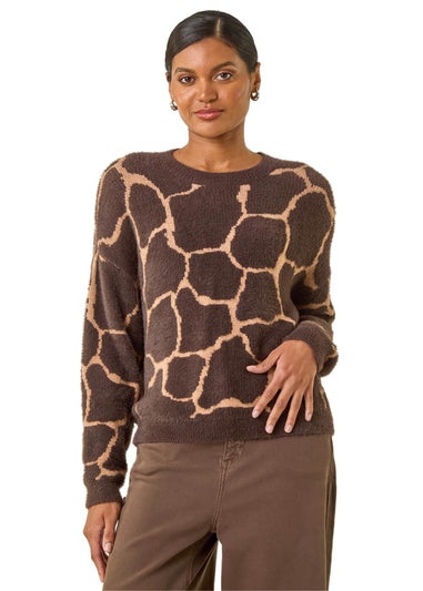 Roman Chocolate Fluffy Animal Print Knit Jumper