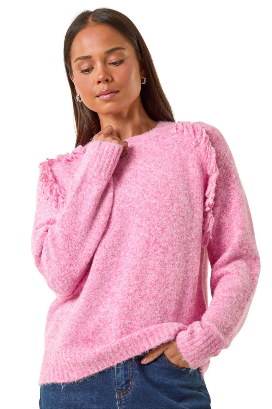 Roman Pink Petite Fringe Shoulder Knit Jumper