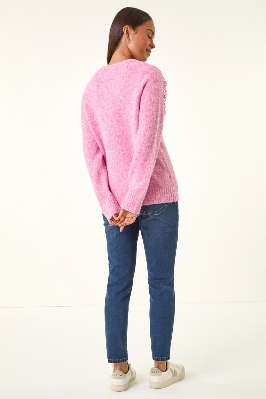 Roman Pink Petite Fringe Shoulder Knit Jumper