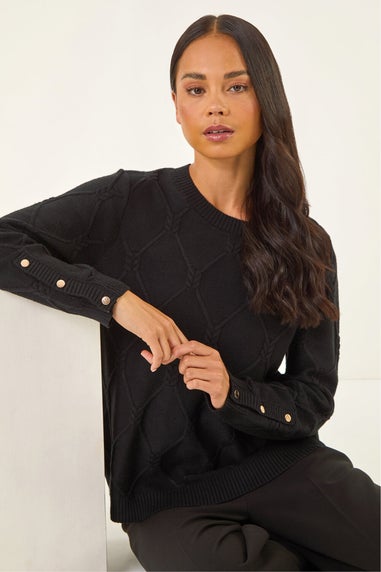 Roman Black Petite Button Cuff Knit Jumper