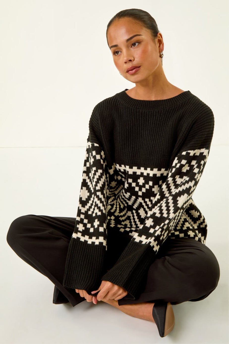 Roman Black Petite Diamond Geometric Knit Jumper