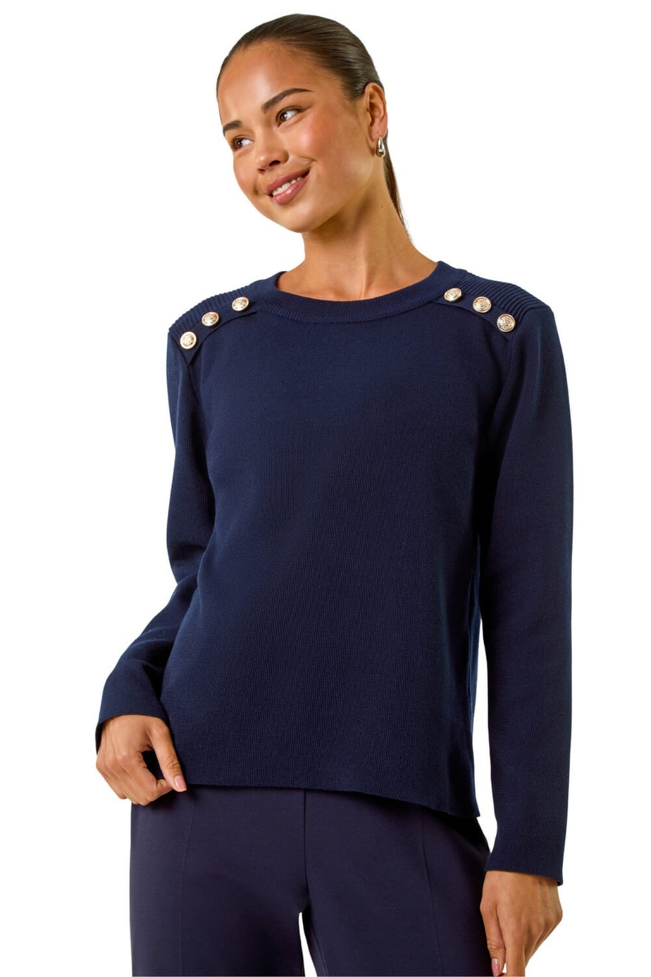 Roman Navy Petite Button Shoulder Knit Jumper