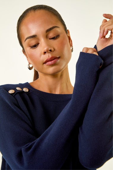 Roman Navy Petite Button Shoulder Knit Jumper