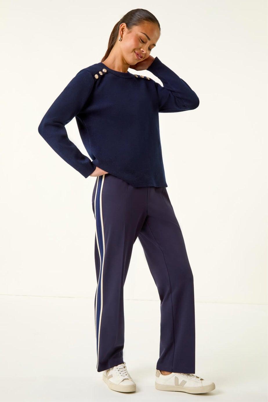 Roman Navy Petite Button Shoulder Knit Jumper