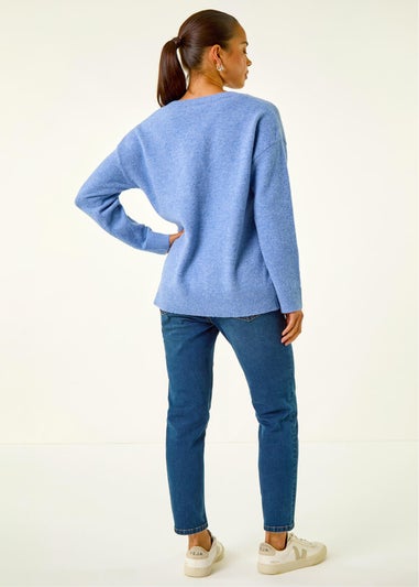 Roman Blue Petite V-Neck Knit Jumper