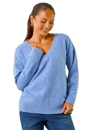 Roman Blue Petite V-Neck Knit Jumper