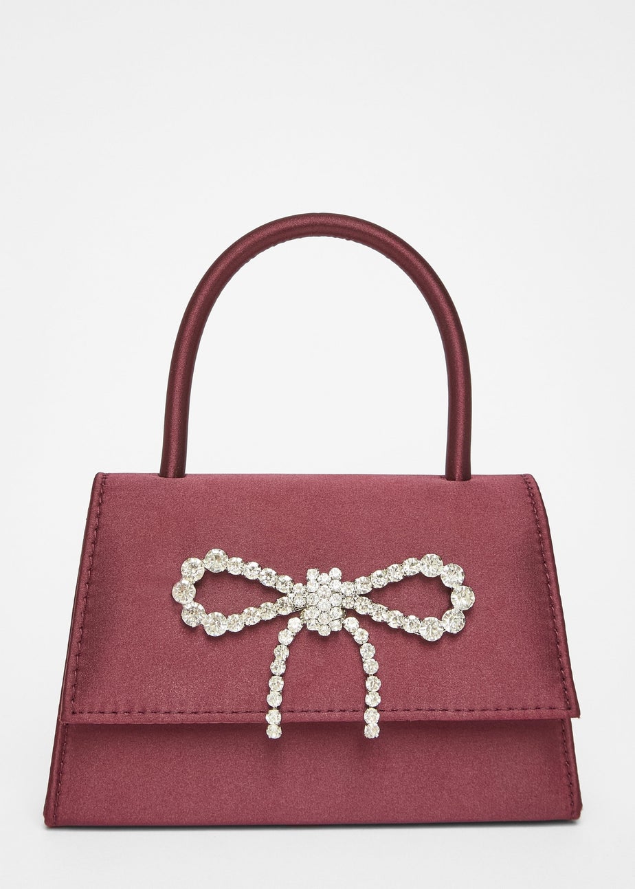 Quiz Burgundy Diamante Bow Top Handle Bag