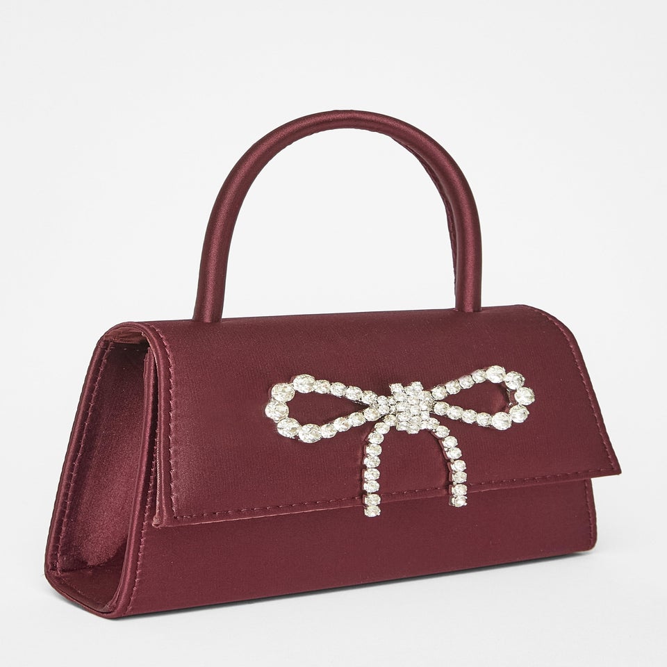 Quiz Burgundy Diamante Bow Top Handle Bag