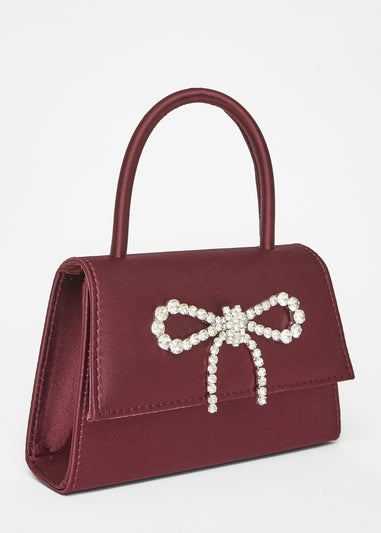 Quiz Burgundy Diamante Bow Top Handle Bag