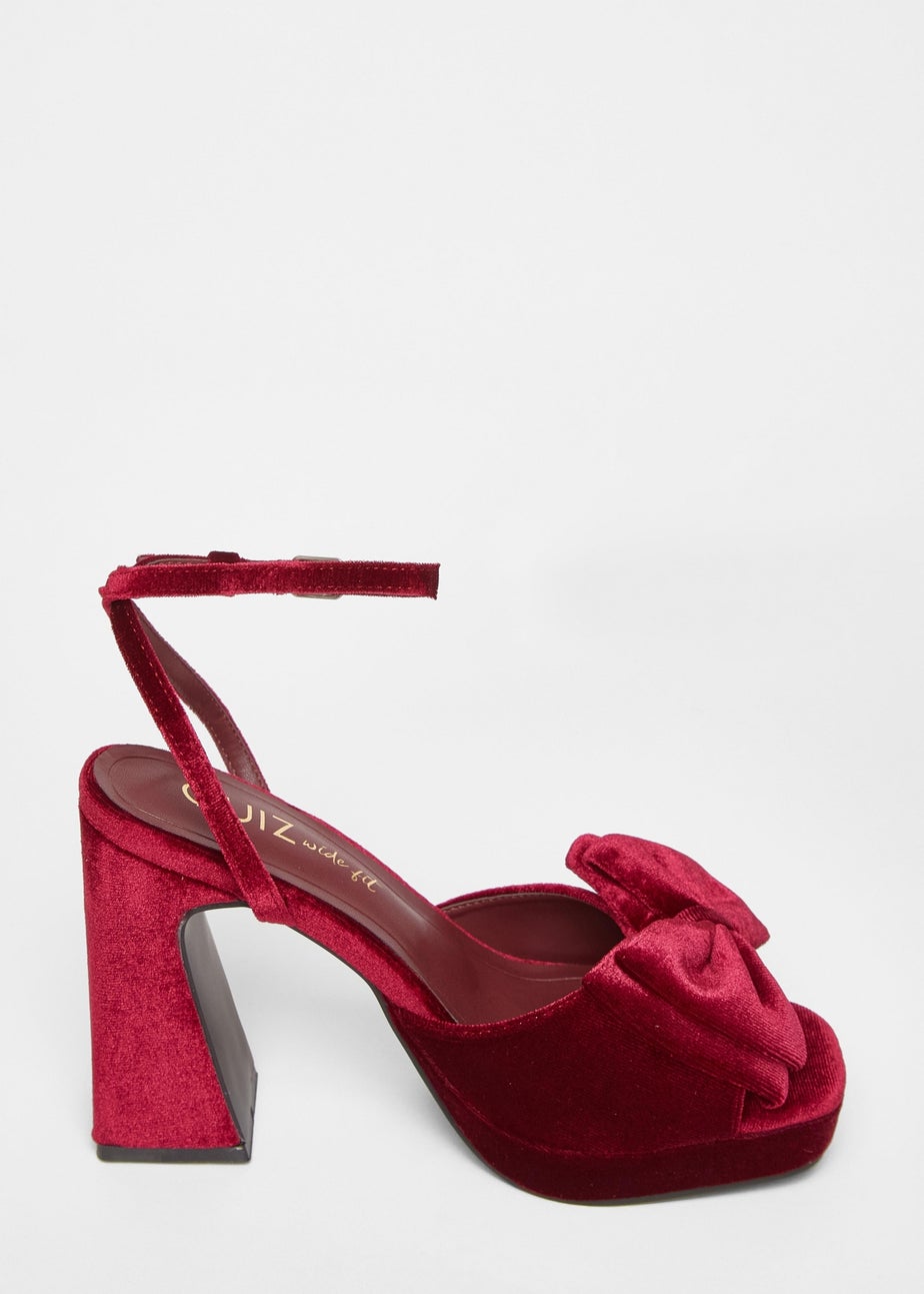 Quiz Burgundy Wide Fit Bow Platform Heels