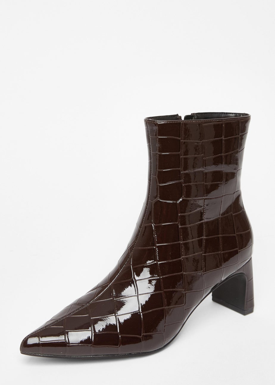 Quiz Brown Patent Croc Ankle Boots