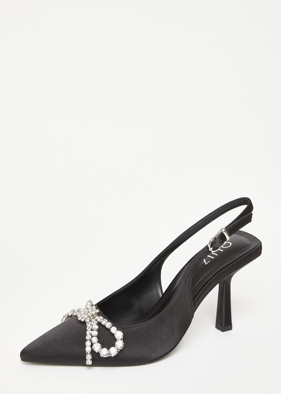 Quiz Black Satin Diamante Bow Court Heels