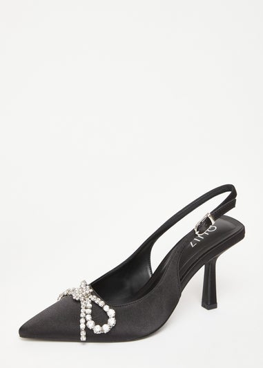 Quiz Black Satin Diamante Bow Court Heels