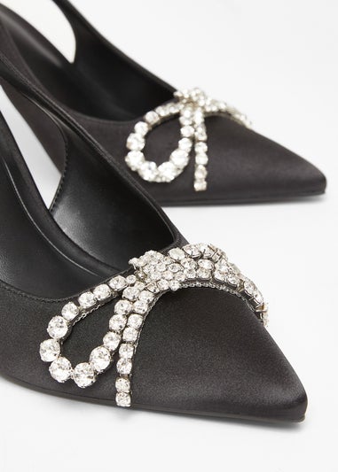Quiz Black Satin Diamante Bow Court Heels