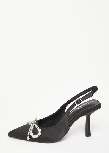 Quiz Black Satin Diamante Bow Court Heels
