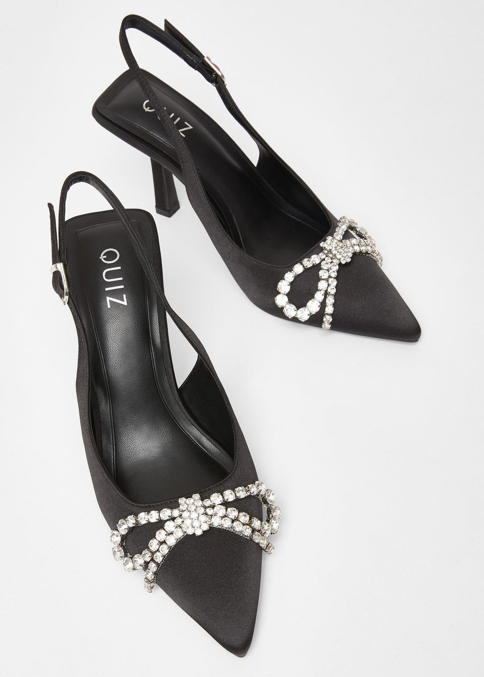 Quiz Black Satin Diamante Bow Court Heels